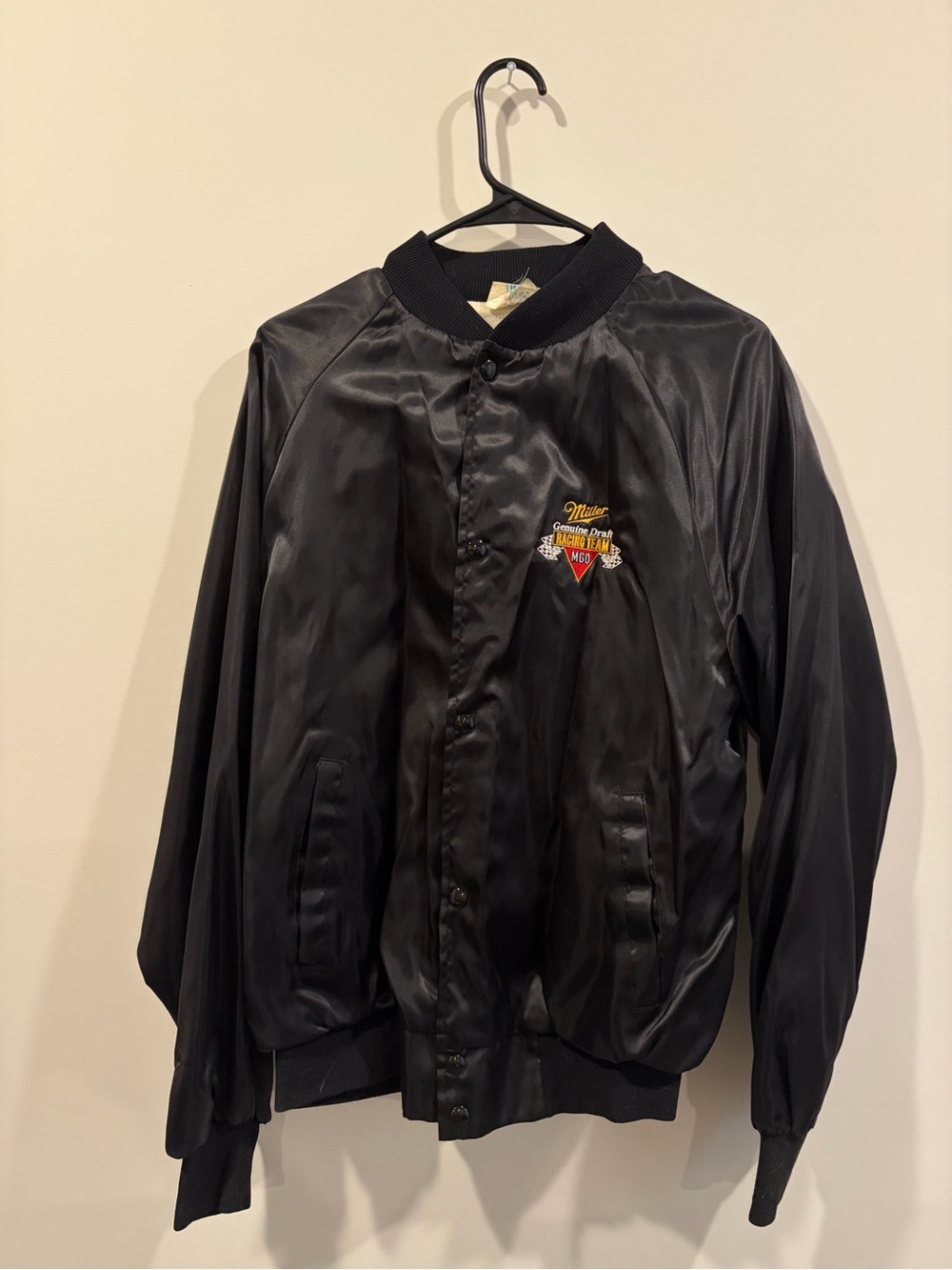 Rusty Wallace Black Satin Bomber Jacket with Embroidered Crest